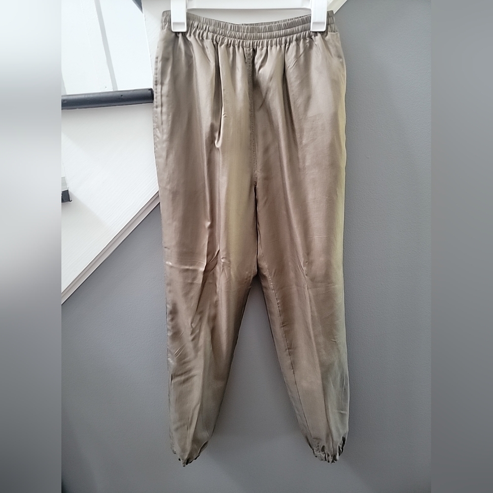 EVR Silk Pants Womens S Brown Lined Tapered Jogger Style Old Money Pull On